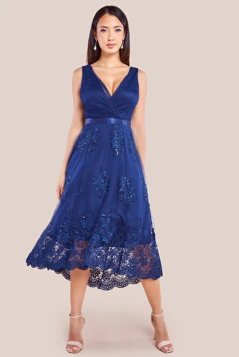 Goddiva Pleated Satin Bodice High And Low Dress Goddiva Pleated Satin Bodice High And Low Dress